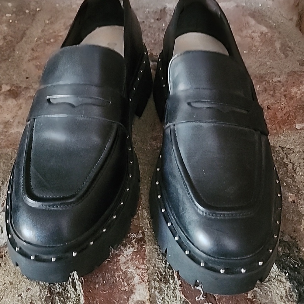 Schutz Black Leather Platform Penn Loafers Chunky Lug Sole Studded Slip-On